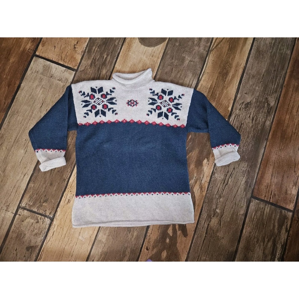 Vintage‎ 1990s Eddie Bauer Blue Fair Isle Wool Chunky Oversized Sweater Sz S/P